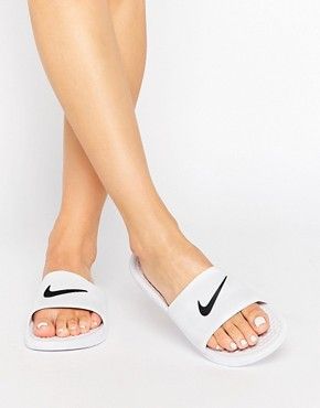 Nike White Benassi Pool Slider Flat Sandals Nike Sliders, Sliders For Women, White Sliders, Strappy Sandals Gladiators, White Slip On Shoes, White Flat Shoes, Nike Sandals, Trendy Swimsuits, Hello Fashion