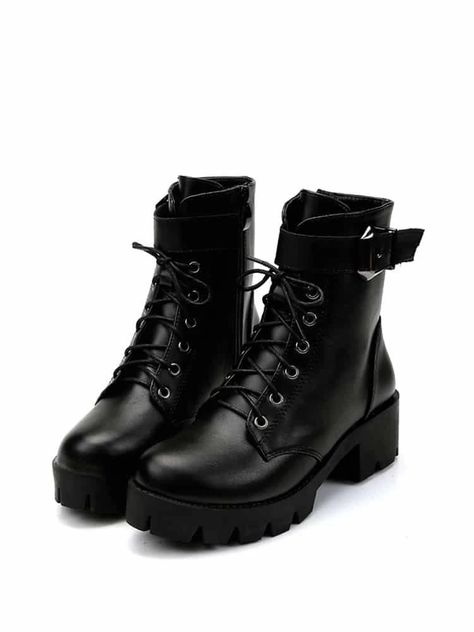 Lace Up Platform Boots | SHEIN USA Black Lace Boots, Chunky Black Boots, Black Lace Shoes, Black Lace Up Shoes, Platform Boots Chunky, Black Lace Up Boots, Black Platform Shoes, Side Zip Boots, Black Platform Boots