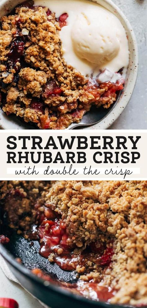 Strawberry rhubarb crisp is the perfect summer dessert! With rhubarb growing like crazy, put it to good use with this sweet and tart crisp with extra crumble topping. It's so easy to make but tastes SO GOOD! Top it with ice cream for some extra sweetness. #rhubarb #strawberries #strawberryrhubarbcrisp #crisp #butternutbakery | butternutbakeryblog.com Rubarb Crisp, Strawberry Rhubarb Crisp Recipe, Healthy Rhubarb Recipes, Rhubarb Crisp Recipe, Rhubarb Recipes Crisp, Oat Crumble Topping, Strawberry Rhubarb Crumble, Butternut Bakery, Strawberry Crisp