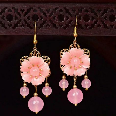 Pink Jade Flower Earrings Luxury Women Natural Jewelry Carved 925 Sterling Silver Traditional Japanese Jewelry, Female Sasuke, Chinese Jewelry Traditional, Marinette Aesthetic, Jade Accessories, Otherworldly Beauty, Pink Gold Jewelry, Jade Flower, Ethereal Jewelry