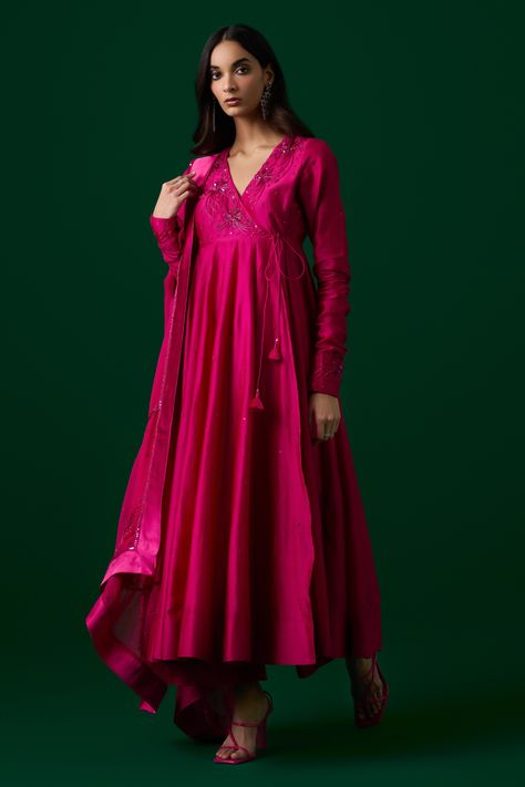 Buy Pink Anarkali And Pant Chanderi Silk Hand Embroidered Crystal V Set For Women by Meesa Online at Aza Fashions. Hand Embroidered Dupatta, Pink Anarkali Suits, After Wedding Dress, Silk Anarkali Suits, Pink Anarkali, Hand Embroidery Work, Trendy Outfits Indian, Indian Dresses Traditional, Embroidered Dupatta