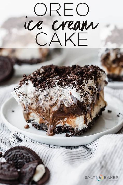 This Oreo Ice Cream Cake has 5 delicious layers! Oreo crust, cookies and cream ice cream, hot fudge, whipped topping, and crushed Oreos! It's the perfect summer treat!