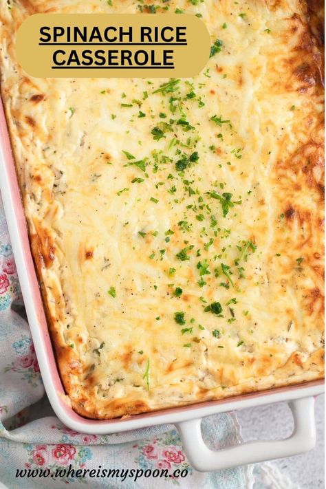 This spinach rice casserole is an easy, flavorful dish. With creamy sour cream, melted cheese, and plenty of spinach, it's a tasty meal for any day. Spinach Rice Casserole, Spinach And Rice, Rice Casseroles, Spinach Rice, Spinach Casserole, Cheese Rice, Lasagna Recipes, Healthy Potatoes, Chicken Rice Casserole