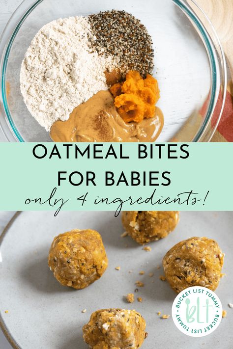 These oatmeal bites for baby are easy, free of added sugars and a good on-the-go snack! #oatmealbitesforbabies #babyoatmealbites #babyenergyballs Oatmeal For Infants, Easy Snacks For 10 Month Old, Baby First Solid Food Ideas, Recipes With Baby Oatmeal Cereal, Recipes With Baby Cereal, Baby Solids Recipes, Infant Snack Ideas, On The Go Baby Snacks, Stuffed Oat Bites