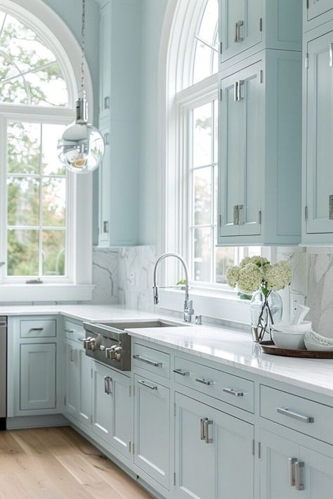 15 Light Blue Kitchen Ideas for a Fresh and Airy Look! - My Decor Inspo Light Blue Pantry Cabinets, Periwinkle Kitchen Island, Light Colored Cabinets Kitchen, Mint Blue Kitchen, Resurface Cabinets, Light Blue Kitchen Walls, Light Blue Kitchen Ideas, Pastel Blue Kitchen, Light Blue Kitchen Cabinets