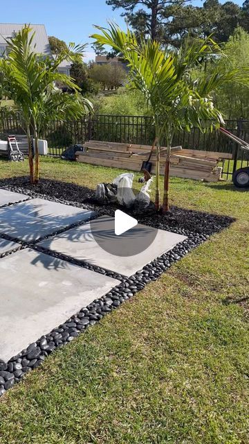 Tenesia & Terence | NC on Instagram: "Adding palm trees to our backyard 🌴 Everyone convinced us to add rocks to the perimeter (12 more bags) but we are keeping mulch with the palms. I want to add some type of smaller plant between the palms but can’t decide what yet. 

For the fence corner, we went with one bigger palm (I think it’s a Pygmy date palm) and ground coverage flowers along the edge

#backyard #diycouple #landscapingideas #backyardideas #diy #palmtrees #homeimprovement #backyarddesign #homeprojects" Backyard Palm Tree Ideas, Lipstick Palm Landscaping, Potted Palm Trees Outdoor, Palm Tree Backyard Landscaping, Landscaping Around Palm Trees, Palm Tree Landscape Ideas Backyards, Backyard Sand Area, Backyard Landscaping With Trees, Palm Tree Landscape Ideas Front Yards