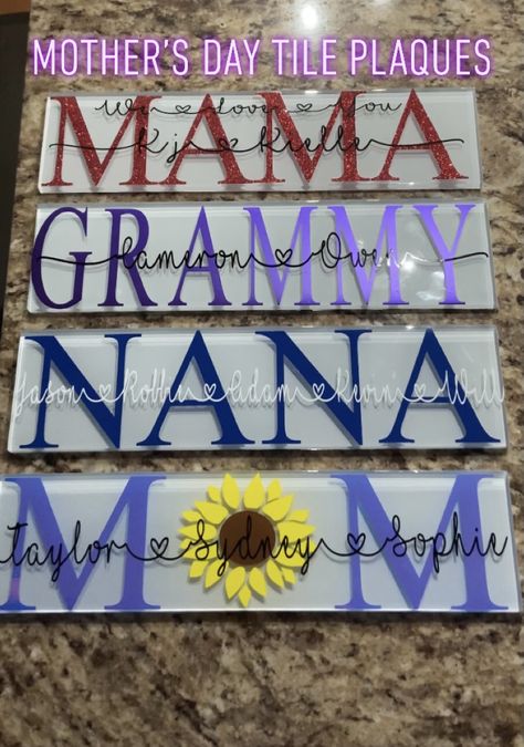 Mom gift. Mother’s Day gift. Mother’s Day tile plaque. Glass tile gift. Dad tile. Mother’s Day custom gift. Personalized mom gift Vinyl Mothers Day Gifts, Tile Cricut Projects, Tile Name Plate, Cricut Projects For Mothers Day Gifts, Mother’s Day Gifts Diy Cricut, Mom Tiles With Names, Mothers Day Gifts With Cricut, Mother Day Cricut Ideas, Subway Tile Crafts