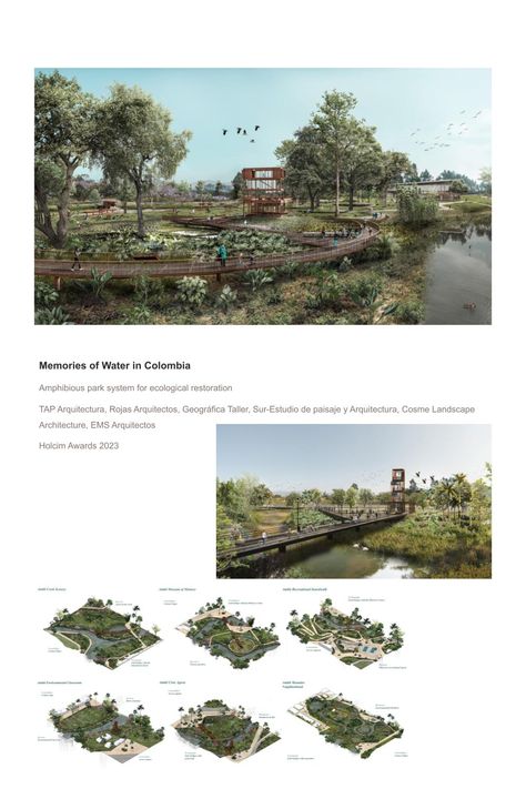 The Holcim Awards 2023 acknowledgement prize for Latin America went to Memories of Water designed by TAP Arquitectura, Rojas Arquitectos, Geográfica Taller, Sur-Estudio de paisaje y Arquitectura, Cosme Landscape Architecture, EMS Arquitectos. An amphibious park system located on a floodplain that seeks to reinvigorate its territory with habitat revitalization strategies that reconcile and strengthen the living dynamic of the natural and urban landscape. Eco Tourism Architecture, Landscape Architecture Board Layout, Water Design Architecture, Landscape Architecture Poster, River Landscaping, River Architecture, Tourism Design, Habitats Projects, Architecture Thesis