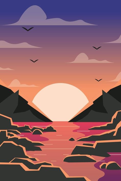 Flat Background sea sunset vector design premium Sunset Cartoon, Sunset Vector, Sunrise Vector, Beach Animation Background, Sunset Vector Illustration, Sunrise Vector Illustrations, Beach Vector Art Backgrounds, Sea Point, Flat Background