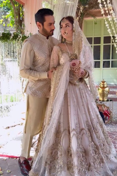 Nikkah Dress For Groom, Nikkah Couple Outfit, Muslim Groom Outfit For Nikah, Muslim Reception Dress For Bride, Nikkah Dress Muslim, Nikah Dress Pakistani, Nikkah Outfit, Pakistan Bridal, Asian Wedding Dress Pakistani