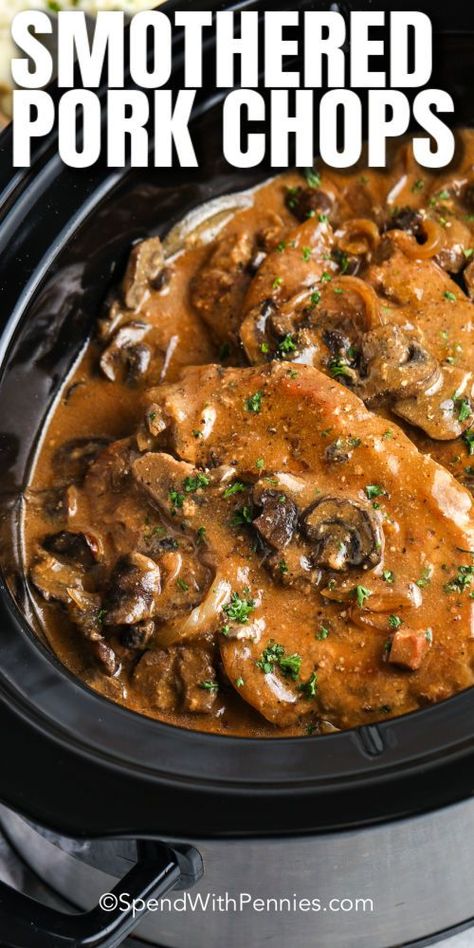 Crock Pot Pork Chops (with gravy) - Spend With Pennies Slow Cooker Pork Chops Recipes, Crock Pot Pork Chops, Simple Crockpot, Boneless Pork Chop Recipes, Crock Pot Pork, Pork Crockpot Recipes, Pork Chop Recipes Crockpot, Slow Cooker Recipes Pork, Pork Chops And Gravy