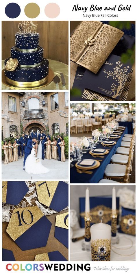 Navy Blue Cream And Gold Wedding, Navy Blue And Gold Wedding Theme, Blue And Gold Wedding Decorations, Blue And Gold Wedding Dress, Navy Blue And Champagne Wedding Colors, Navy And Black Wedding, Blue And Gold Fall Wedding, Navy And Gold Wedding Theme, Blue And Gold Wedding Theme