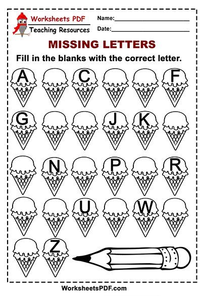 Missing Letter Worksheets Kindergarten, Ice Cream Worksheet, Capital Letters Worksheet, Letter Worksheets Kindergarten, Free Printable Alphabet Worksheets, Alphabet Letter Worksheets, Letter Worksheets For Preschool, Missing Letters, Printable Alphabet Worksheets