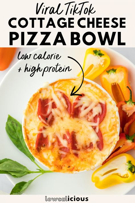 This viral TikTok Cottage Cheese Pizza Bowls recipe is a high protein, low calorie meal made with just a few ingredients. This healthy recipe can be made in 5 minutes. Serve it with raw vegetables like mini sweet peppers as a dip, eat it with a spoon, or make some crostini with keto bread! It makes a great healthy lunch that’s easy to make and is great for meal prep. Healthy cottage cheese recipe from @lowcalicious - visit lowcalicious.com for more delicious low calorie recipes. Cottage Pizza Bowl, No Bread Recipes, Cottage Cheese Bowl Pizza, High Protein Cottage Cheese Pizza Bowl, Keto Pizza Bowl With Cottage Cheese, Viral Cottage Cheese Pizza Bowls, High Protein Low Calorie Snacks Easy Recipes, Ww Cottage Cheese Bowls, Keto Cottage Cheese Pizza Bowl