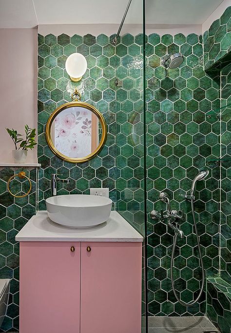 Contemporary bathroom with hexagonal wall tiles in different shades of green and a smashing pink vanity - Decoist Green And Pink Bathroom, Pastel Bathroom, Green Tile Bathroom, Cream Bathroom, Teal Bathroom, Pink Vanity, Green Art Deco, Art Deco Bathroom, Architectural Firm