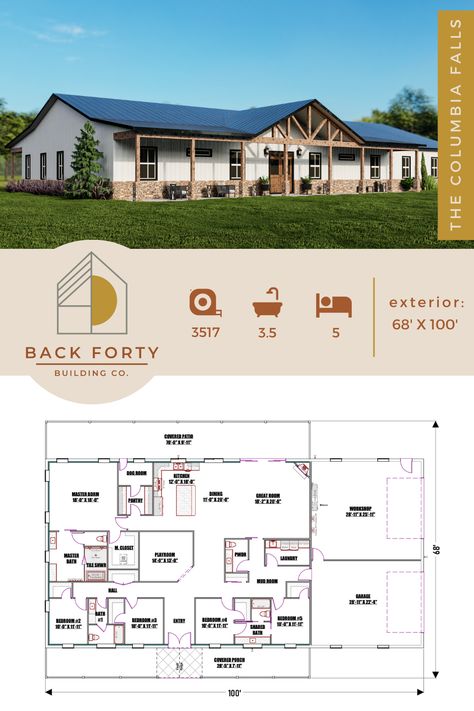 Metal Building House Plans, Metal House Plans, Barn Homes Floor Plans, Barn House Design, Barn Style House Plans, Pole Barn House Plans, Building Plans House, Bedroom Floor Plans, Family House Plans