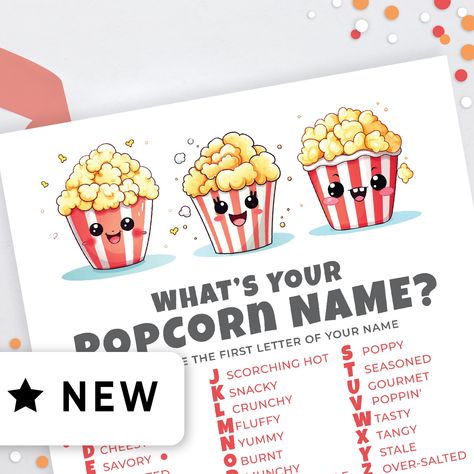 "Looking for a fun game for your popcorn themed party, popcorn bar, popcorn sale, popcorn fundraiser, movie night, \"ready to pop\" baby shower, or \"popped the question\" engagement party?  Your guests will LOVE this hilarious popcorn name generator. Everyone will have a blast creating names like Corny Butter Fingers, Buttery Pop-A-Licious, and Crunchy McKernel.  If you don't like the names on the sheet this game is fully editable!  You can add any funny popcorn names you like. Included with yo Popcorn Party Invitations, Movie Night Fundraiser Ideas, Corn Themed Party, Popcorn Theme Party, Popcorn Fundraiser, Cub Scout Popcorn, Popcorn Theme, Pop Popcorn, Pop Baby Showers