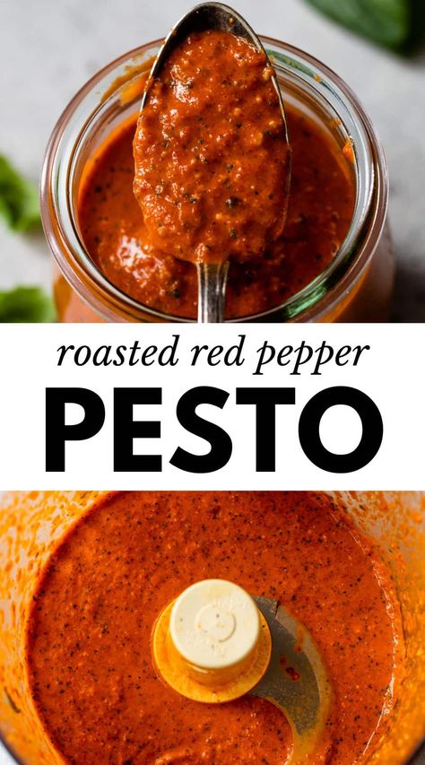 This easy Red Pepper Pesto is rich, smoky, and sweet, making it fantastic on everything! Use it as a pasta sauce, a topping for pizza, salad dressing, and so much more. Red Pepper Pasta Salad, Pesto Spaghetti Sauce, Bell Pepper Pesto Recipe, Green Pepper Pasta Sauce, What To Make With Red Peppers, Roasted Red Pepper Pesto Recipes, Roasted Red Pepper Vinaigrette, Red Pepper Pizza Sauce, Pesto And Marinara Pasta