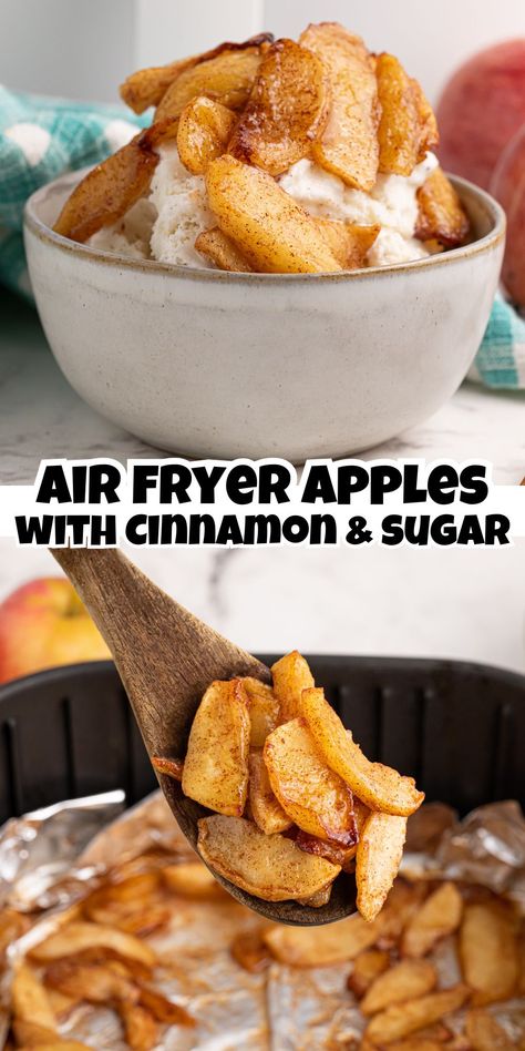 Air fryer cinnamon and sugar apples on ice cream photo and cinnamon sugar apples in air fryer. Air Fryer Cinnamon Apples, Air Fryer Apples, Apple Recipes Easy Healthy, Sauteed Apples, Apples With Cinnamon, Air Fryer Recipes Low Carb, Healthy Desserts For Kids, Healthy Dessert Options, Baked Apple Recipes