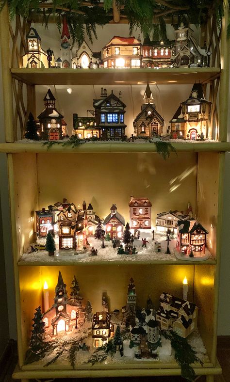 Christmas Village Display Bookshelf, Christmas Village Library, Christmas Village Built Ins, Christmas Village China Cabinet, Christmas Village Bookshelf Display, Christmas Village Ornaments, Christmas Village Display Mantle, Christmas Village Display Shelf, Bookshelf Christmas Village