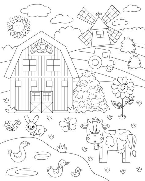 Vector black and white farm landscape illustration. Rural outline village scene with animals, barn, tractor. Nature background with pond, meadow, cow. Country field card or coloring page Kids Printable Coloring Pages, Precious Moments Coloring Pages, Farm Coloring Pages, Farm Theme Birthday, Farm Animal Coloring Pages, Spring Animals, Spring Coloring Pages, Easy Coloring Pages, Animal Coloring Books