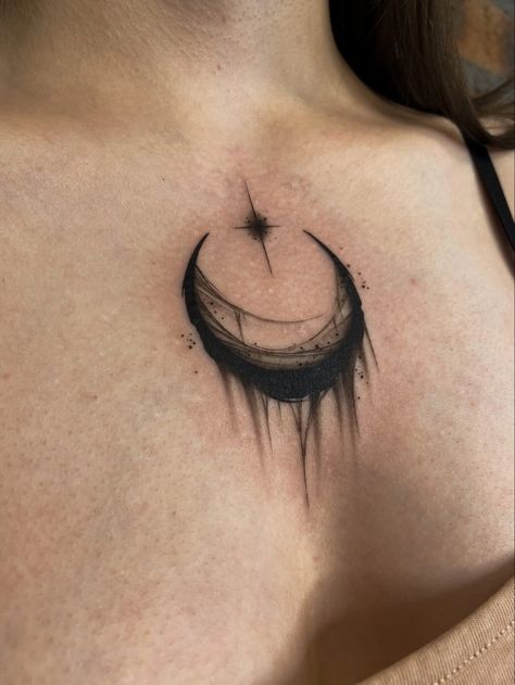 Moon Throat Tattoos Women, Small Cute Neck Tattoos, Moon Chest Tattoos For Women, Nightmare Moon Tattoo, Moon On Back Tattoo, Creepy Shoulder Tattoo, Crescent Moon Chest Tattoo Female, Witch Tattoo Chest, Back Of Neck Moon Tattoo