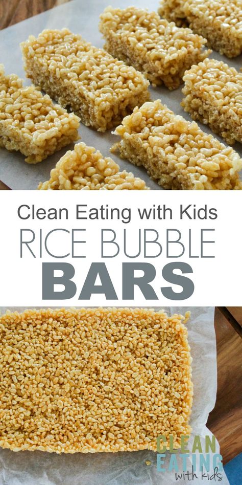 Clean Eating Rice Krispie Treats - 3 Ingredient No Bake Healthy Rice Krispy Treats- Just three ingredients and only takes 5 minutes to make. Rice Bubble Slice, Healthy Rice Krispie Treats, No Bake Healthy, Clean Eating With Kids, Clean Eating Kids, Bake Healthy, Rice Bubbles, Drink Healthy, Healthy Rice