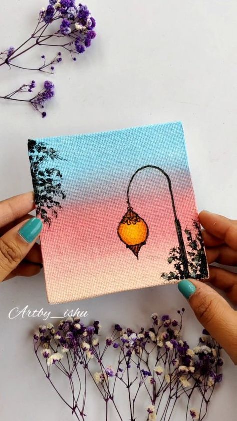 Easy Things To Paint On Canvases Aesthetic, Colourful Painting Ideas, Pastel Painting Aesthetic, Art Ideas Aesthetic, Lamp Painting, Lamp Sunset, Country Lamp, Sky Art Painting, Boho Art Drawings