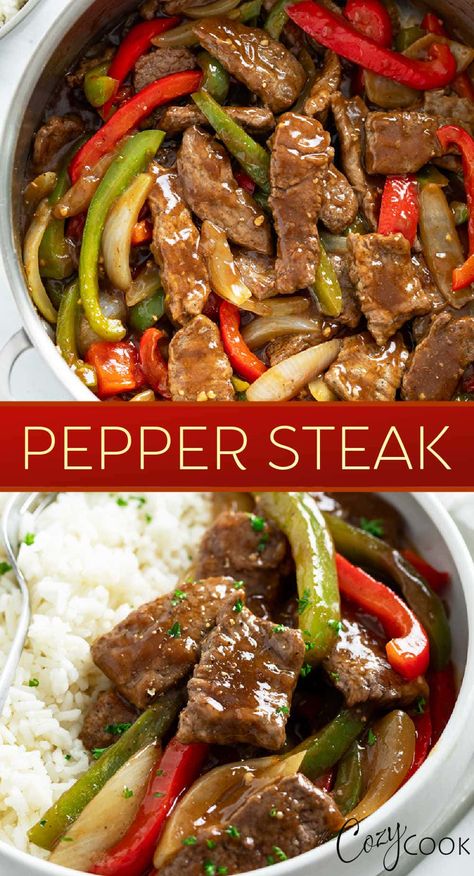 Pepper Steak is an easy stir fry recipe that you can make on the stove top with steak, onions, peppers, and a savory sauce! Serve this with rice or noodles for an easy dinner idea. Peper Steak, Pepper Steak And Rice, Pepper Steak And Onions, Steak With Onions, Steak Peppers, Crockpot Foods, Chinese Pepper Steak, Cooking Steak, Steak And Rice