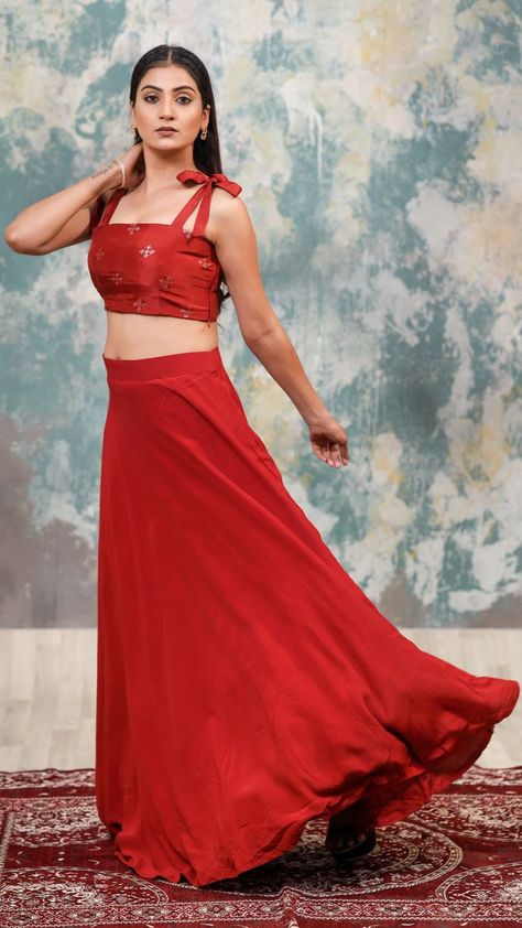 Rust red tie up blouse with all over butta and a double flared umbrella skirt, comes with soft inner lining Tie Up Blouse, Umbrella Skirt, Red Lehenga, Red Tie, Dreamy Dress, Tie Dye Skirt, Waist Skirt, Two Piece Skirt, Lehenga