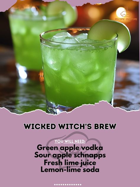 🧙‍♀️ "Conjure up some magic with the Wicked Witch's Brew! A potion of wickedly good flavors awaits! 🧪🍏 #WickedWitchsBrew #WitchyVibes" Wicked Witch's Brew Ingredients: Green apple vodka (2 oz) Sour apple schnapps (1 oz) Fresh lime juice (1/2 oz) Lemon-lime soda (2 oz) Ice (as needed) Green apple slice (for garnish) Instructions: Combine green apple vodka, sour apple schnapps, and lime juice in a shaker with ice. Shake well and strain into a glass filled with ice. Top with lemon-lime soda ... Sour Apple Mixed Drinks, Wizard Of Oz Drinks Alcohol, Green Apple Vodka Cocktails, Green Apple Alcohol Drinks, Sour Alcoholic Drinks, Sour Apple Cocktails, Smirnoff Ice Green Apple, Green Apple Cocktails, Bday Drinks