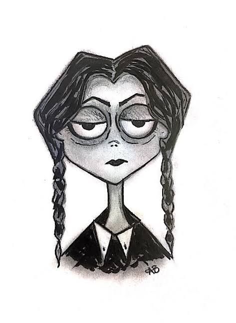 Tim Burton Wednesday Addams Drawing, Tim Burton Sketches Character Design, Wednesday Addams Sketch Art, Tim Burton Female Characters, Wednesday Addams Doodle, Tim Burton Drawings Easy, Wednesday Drawing Easy, Tim Burton Inspired Drawings, Tim Burton Self Portrait