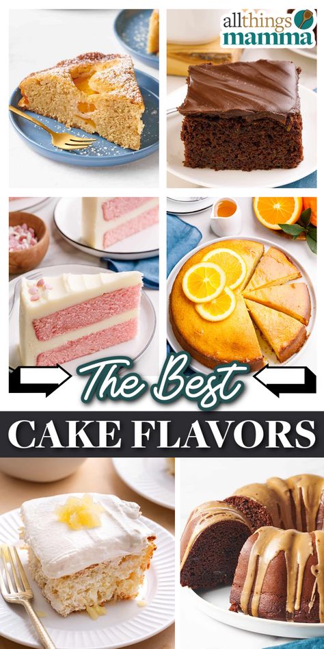 6-image collage of a variety of cake recipes and flavors, including peach cake, chocolate zucchini cake, kahula chocolate cake, pineapple upside down cake, orange cake, pink velvet cake. Graduation Cake Flavors, Different Birthday Cake Flavors, Different Flavor Cakes, Easy Cake Flavors, Kid Cake Flavors, Types Of Cakes Flavors, Interesting Cake Flavors, Fun Cake Flavors, Best Cake Flavors