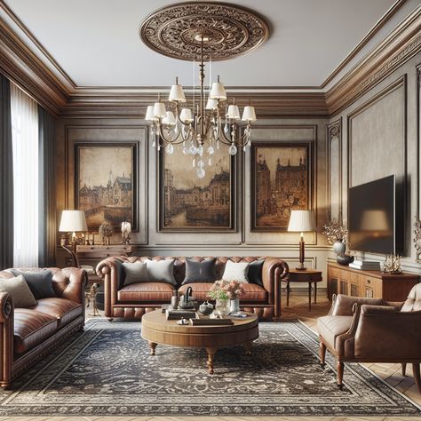 The room should feature elements auspicious of a vintage era, like aged leather furniture, a chandelier, and an antique coffee table. The walls should be decorated with period art designed before 1912. Modern elements could include a flat screen television, sleek line furniture, contemporary rugs, and up-to-date lighting fixtures. This image can serve as an inspiration for a home remodel, blending the charm of the past with the convenience of the present. Vintage British Interior Design, Classic Timeless Living Room, Living Room Designs Old Style, Vintage English Living Room, Georgian Style Living Room, French Family Room, English Interior Design Classic, Vintage Sofa Living Room, Old Money Living Room