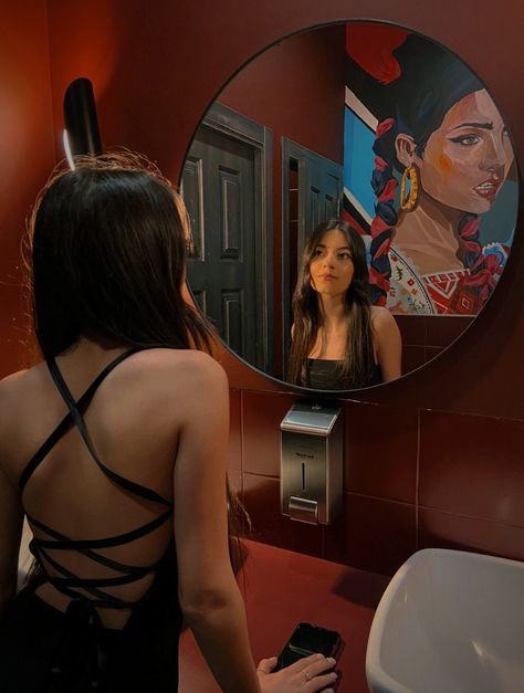 A Girl Pictured In A Mirror, Someone Looking In The Mirror, Looking In The Mirror Photography, Girl Looking Into Mirror, Mirror Pose Reference, Person Looking In Mirror Reference, Mirror Poses Standing, Girl Looking In Mirror, Standing In Front Of Mirror