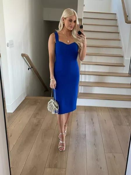 Wedding guest dress - love this! Cobalt blue mid length cocktail dress with strappy gold heels. Wearing a size small! Royal Blue Recruitment Dress, Royal Blue Wedding Guest Dress, Cobalt Blue Dress Outfit, Royal Blue Dress Outfit, Cobalt Blue Cocktail Dress, Cobalt Blue Weddings, Blue Wedding Guest Dresses, Kathleen Post, Summer Wedding Attire