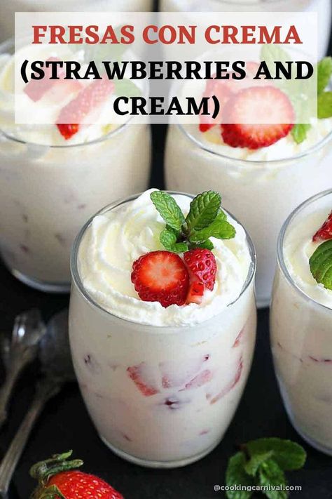 Strawberries and Cream, also known as Fresas con Crema, is the easiest no-bake Mexican dessert you’ll ever make! It tastes great and looks fancy. It’s so simple to make and requires only 5 ingredients. This dessert is a perfect recipe to make for upcoming Valentine’s Day. Why just Valentine’s Day, this dessert is perfect for Gameday, summer parties, or any gatherings! #strawberriesandcream #FresasconCrema #mexican #dessert #party Strawberries And Cream Recipe, Crema Recipe, Mexican Desserts, Strawberry And Cream, Jar Recipes, Eggless Desserts, Mexican Dessert Recipes, Make Ahead Desserts, Dessert Party