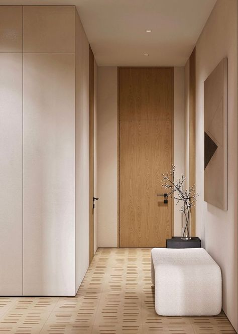 Minimal Door Design, Indoor Doors Modern, Soft Minimalism Interior, Modern Doors Interior, Japandi Door, Japandi Hallway, Barn Door Modern, Minimal Door, Modern Hallway Design