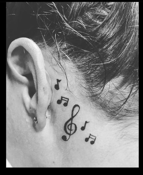 Behind the ear music note tattoo Music Note Back Tattoo, Music Note Hand Tattoos, Small Music Note Tattoo Behind Ear, Music Note Tattoo On Hand, Music Tattoo Designs Behind Ear, Music Notes Tattoo On Neck, Musical Note Tattoo Behind Ear, Music Tattoo Ankle, Small Musical Note Tattoo