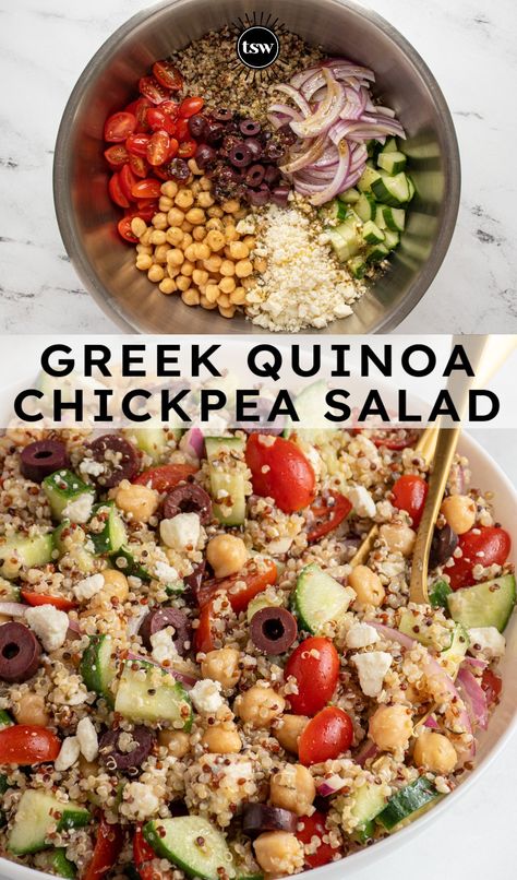 Quinoa Chickpea Salad, Greek Quinoa, Greek Chickpea Salad, Pea Salad Recipes, Greek Quinoa Salad, Mediterranean Diet Recipes Dinners, Greek Chickpeas, Chickpea Salad Recipes, Easy Mediterranean Diet Recipes