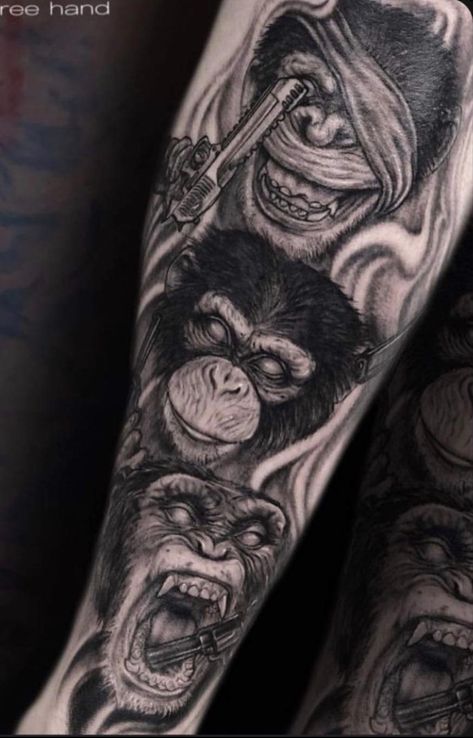 3 Monkeys Tattoo, Monkeys Tattoo, Exotic Tattoos, Electronic Tattoo, Animal Tattoos For Men, 3 Monkeys, Half Sleeve Tattoos Forearm, Skull Hand Tattoo, Nature Tattoo Sleeve