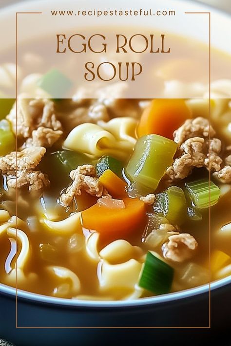 A comforting and hearty Egg Roll Soup that captures the flavors of your favorite egg rolls in a warm, savory broth. This quick and easy recipe combines ground beef, fresh vegetables, and a deliciously spiced broth for a satisfying meal. Savory Egg Roll Soup Delight, Eggroll Soup, Egg Roll Soup Recipe, Egg Roll Soup, Pork Egg Rolls, Crockpot Soup, Crockpot Soup Recipes, Egg Roll, Crock Pot Soup