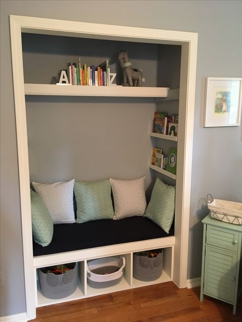 Wardrobe Nook Ideas, Small Closet Book Nook, Diy Closet Book Nook, Closet Reading Nook Diy, Bedroom Closet Reading Nook, Book Nook Bench, Closet Nooks For Kids, Book Nook Ideas For Kids, Turning Closet Into Reading Nook