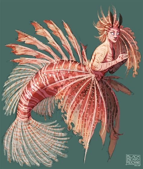 Mermaid Beta Fish, Lionfish Mermaid Tail, Lionfish Character Design, Crab Person Character Design, Fish Hybrid Human, Lionfish Aesthetic, Fish People Character Design, Lion Fish Mermaid, Fish Person Character Design