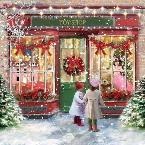 Christmas Toy Shop, Winter Paintings, Traditional Christmas Cards, Charity Christmas Cards, Christmas Scenery, Christmas Town, Toy Shop, Old Fashioned Christmas, Dessin Adorable