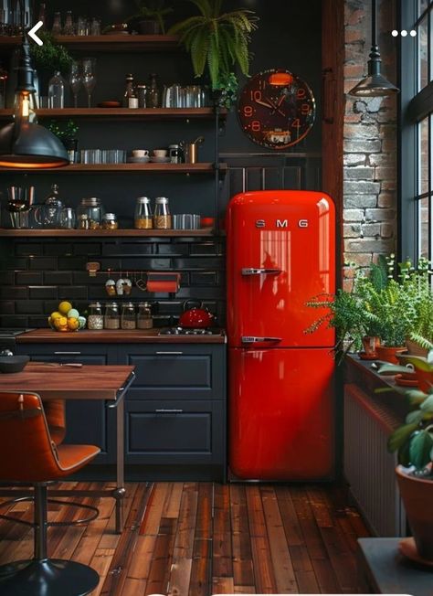 Mid Century Cottage Kitchen, Red Kitchen Interior, Kitchen With Smeg Fridge, Red Fridge Kitchen Design, Kitchen Design Eclectic, Retro Kitchen Aesthetic, Retro Fridge Kitchen, Nice Fridge, Cool Kitchen Ideas