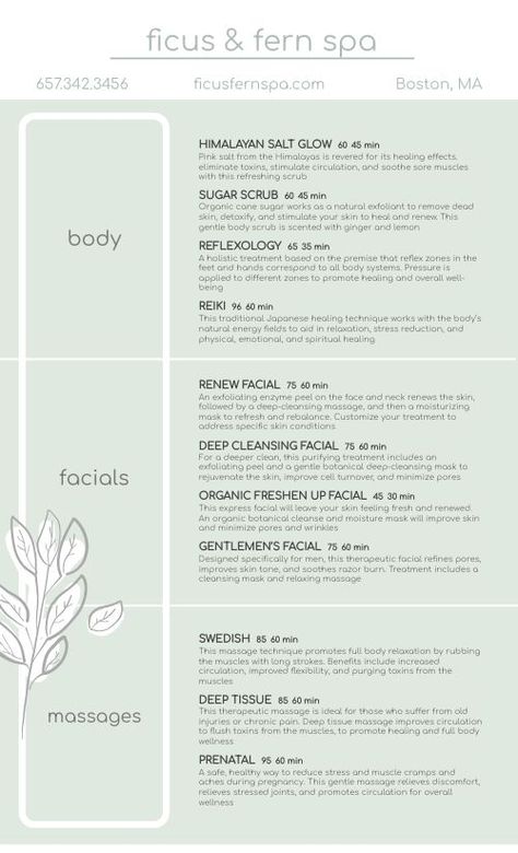 Spa Menu Example Design Template by MustHaveMenus Spa Services Menu Ideas, Esthetician Menu Ideas, Esthetics Menu Ideas, Salon Menu Card Design, Service Menu Spa, Spa Menu Ideas Price List, Massage Price List Ideas, Spa Menu Design Layout, Beauty Menu Design