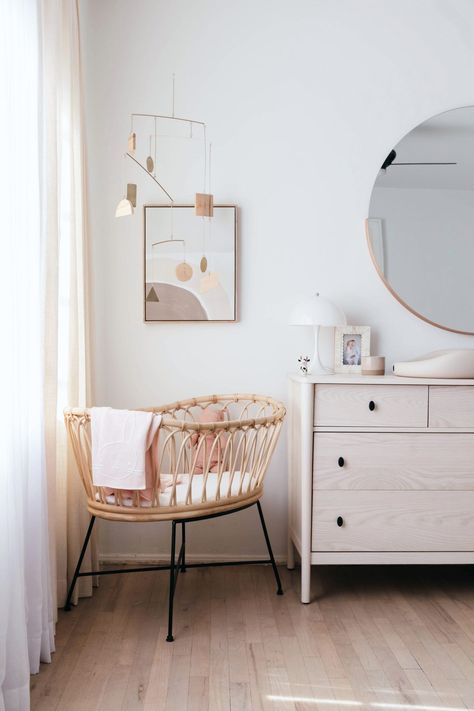 No Nursery? No Problem: 8 Creative Tips To Make Space For Your New Baby (+ A STYLIST'S HOUSE TOUR) - Emily Henderson Modern Girl Nursery, Nursery Design Girl, Sophisticated Nursery, Small Space Nursery, Nursery Diy, Small Nursery, Doll Crib, Minimalist Nursery, Stylish Nursery