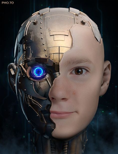 Androidify yourself in a photo with half robot face mask Robot Makeup, Robot Head, Cyborgs Art, Creation Photo, Arte Robot, Arte Cyberpunk, Cyberpunk Character, Montage Photo, A Robot