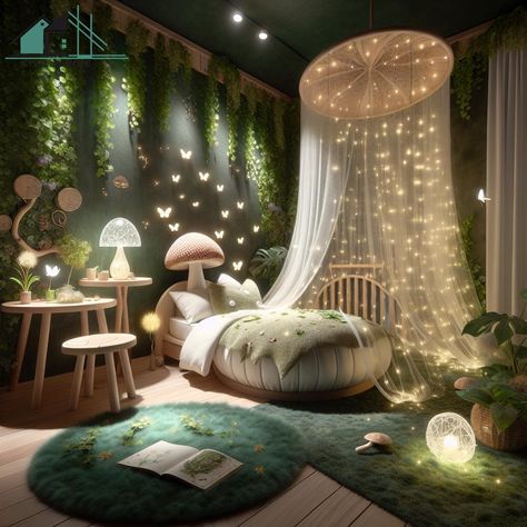 This image depicts a charming fairy-themed bedroom with intricate details and soft pastel colors. The room is adorned with ethereal fairy figurines, glittering string lights, and delicate floral patterns. The bed is fit for a fairy queen, with a canopy adorned with gossamer fabric and fluffy pillows. The overall feel of the bedroom is magical and enchanting, making it the perfect retreat for any fairy lover. Fairy Themed Room Forest Bedroom, Princess And The Frog Room Ideas, Princess And The Frog Bedroom Ideas, Forest Girls Room, Folklore Room, Fairy Bedroom Ideas For Kids, Frog Room Ideas, Fairy Bedroom Ideas, Woodsy Bedroom